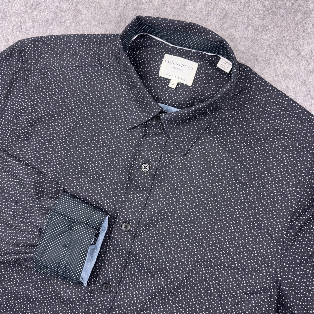 Con.Struct Shirt Mens L Black White Polka Dot Slim Fit 4-Way Stretch Long Sleeve